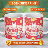 Personalized Custom Name Cute Easter Bunny Chick Carrot Egg Red Background Seamless Pattern 11oz Ceramic Coffee Tea Mug White Large Handle