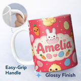 Personalized Custom Name Cute Easter Bunny Chick Carrot Egg Red Background Seamless Pattern 11oz Ceramic Coffee Tea Mug White Large Handle