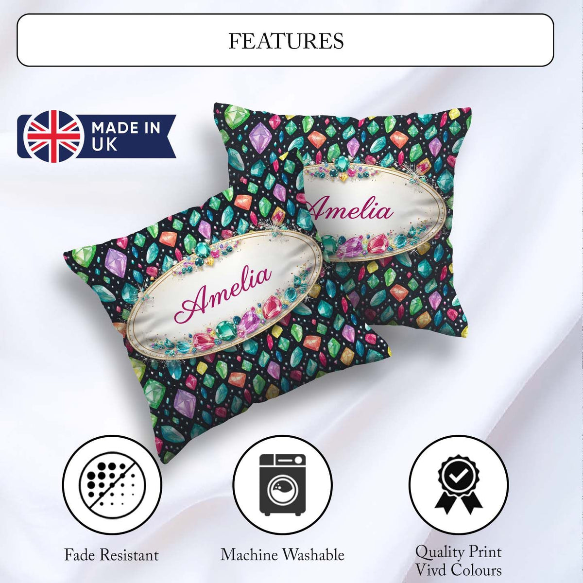 Custom Name Bright Faceted Gemstone Seamless Pattern Dark Jewel Square Filled Cushion Throw Pillow Sofa Bed Home Decor Zip Washable UK Made