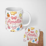 Personalized Custom Name Cute Easter Bunny Chick Carrot Egg Grey Background Seamless Pattern 11oz Ceramic Coffee Tea Mug White Large Handle