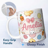 Personalized Custom Name Cute Easter Bunny Chick Carrot Egg Grey Background Seamless Pattern 11oz Ceramic Coffee Tea Mug White Large Handle