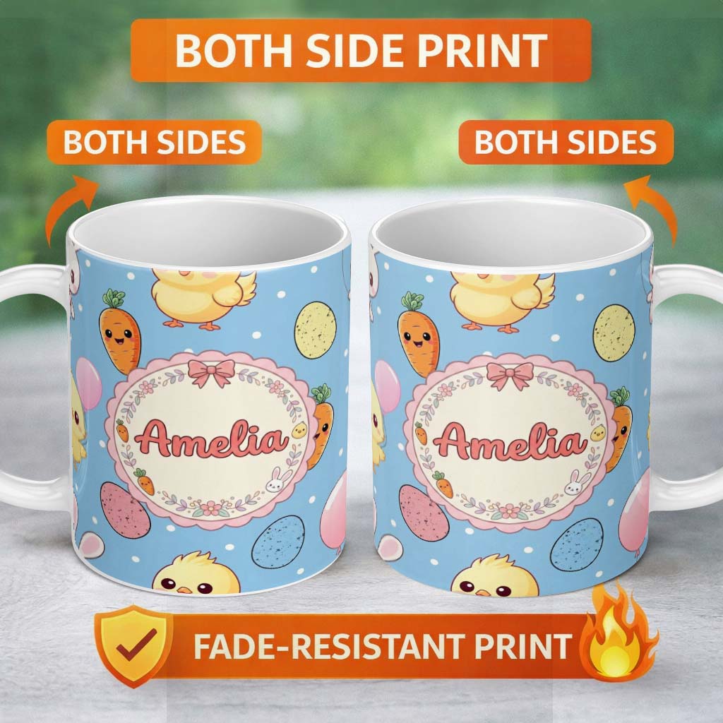 Personalized Custom Name Cute Easter Bunny Chick Carrot Egg Blue Polka Dot Seamless Pattern 11oz Ceramic Coffee Tea Mug White Large Handle