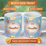 Personalized Custom Name Cute Easter Bunny Chick Carrot Egg Blue Polka Dot Seamless Pattern 11oz Ceramic Coffee Tea Mug White Large Handle