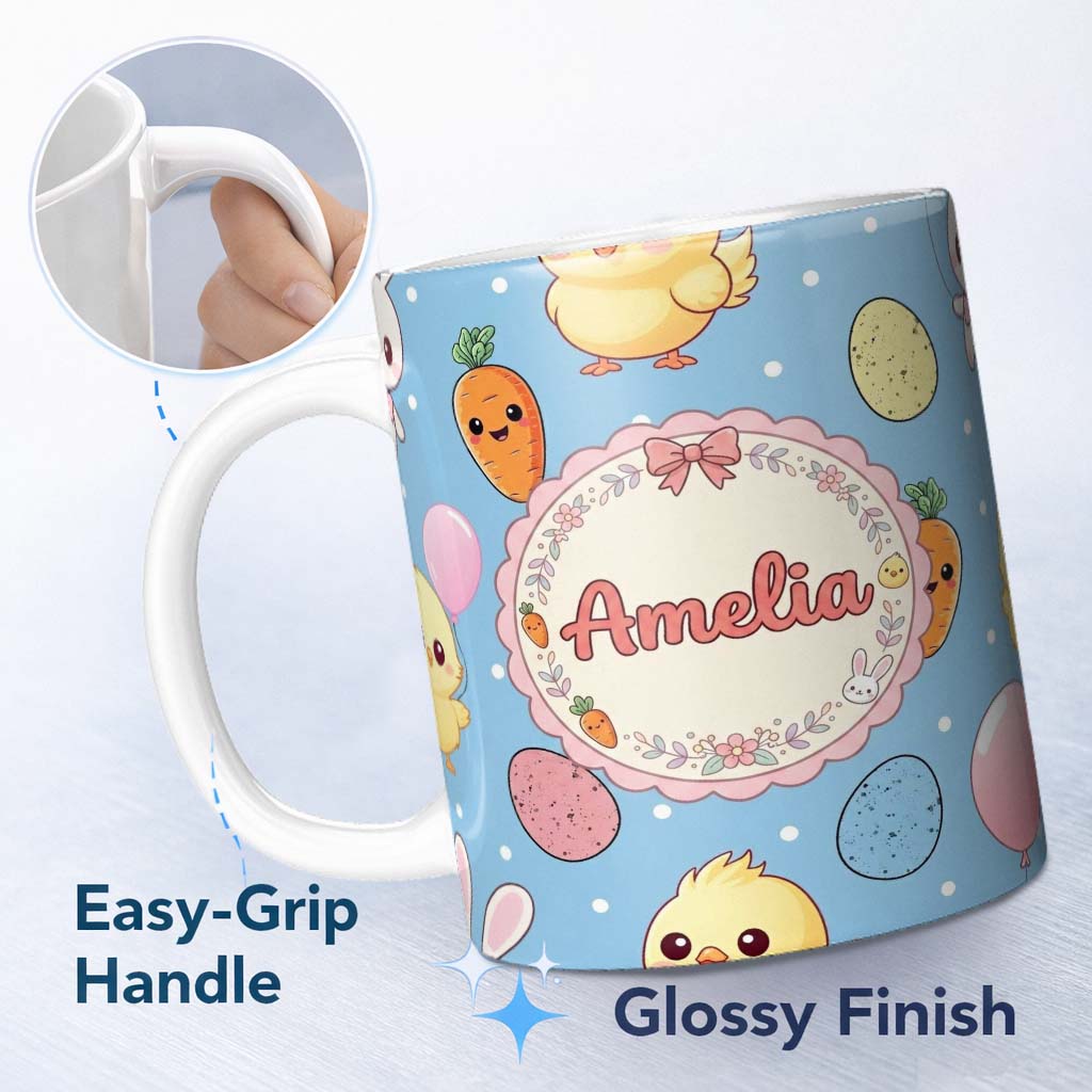 Personalized Custom Name Cute Easter Bunny Chick Carrot Egg Blue Polka Dot Seamless Pattern 11oz Ceramic Coffee Tea Mug White Large Handle