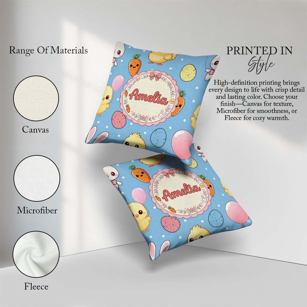 Custom Name Easter Bunny Chick Carrot Egg Blue Polka Dot Pattern Square Filled Cushion Throw Pillow Sofa Bed Home Decor Zip Washable UK Made