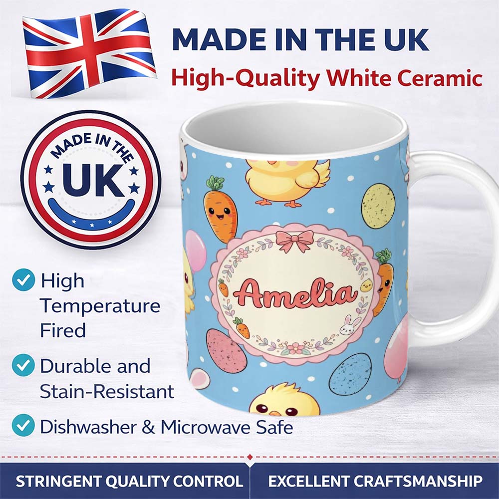 Personalized Custom Name Cute Easter Bunny Chick Carrot Egg Blue Polka Dot Seamless Pattern 11oz Ceramic Coffee Tea Mug White Large Handle