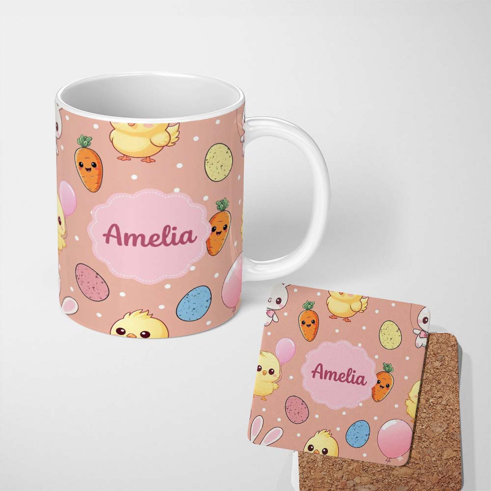 Personalized Custom Name Cute Easter Bunny Chick Carrot Egg Beige Polka Dot Seamless Pattern 11oz Ceramic Coffee Tea Mug White Large Handle