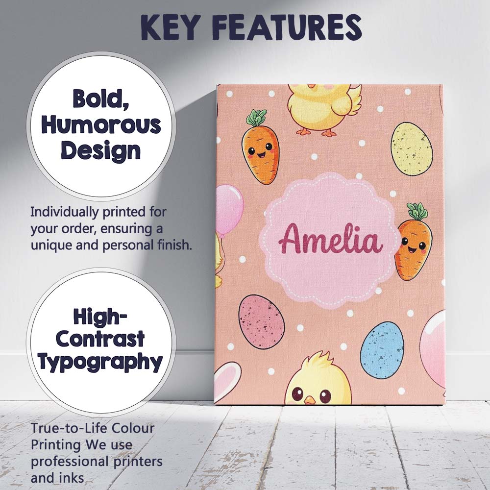 Personalised Name Cute Easter Bunny Chick Custom  Unique Gift Idea Elegant Feature Canvas Wall Art Print Decor Picture Ready to Hang