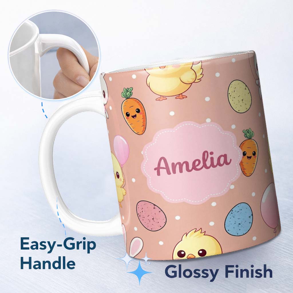 Personalized Custom Name Cute Easter Bunny Chick Carrot Egg Beige Polka Dot Seamless Pattern 11oz Ceramic Coffee Tea Mug White Large Handle