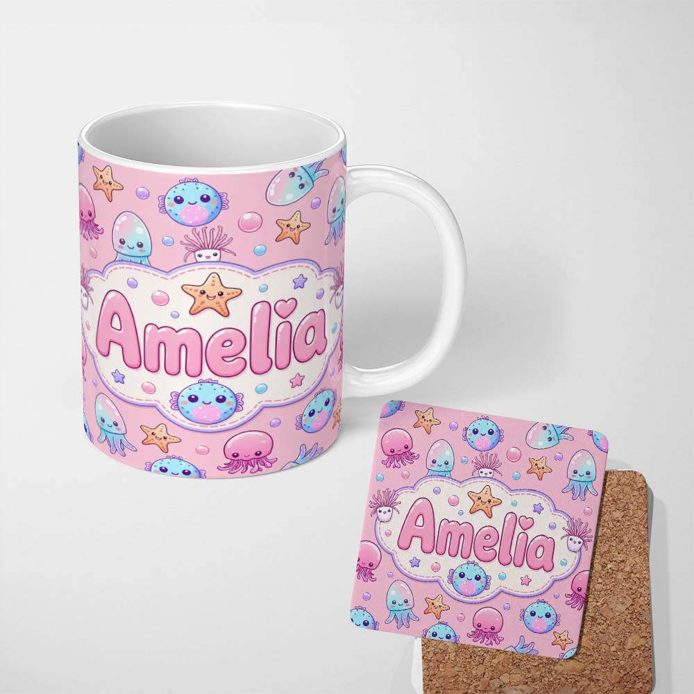 Personalized Custom Name Kawaii Jellyfish Starfish and Cute Sea Creatures Warm Pink Lovely 11oz Ceramic Coffee Tea Mug White Large Handle