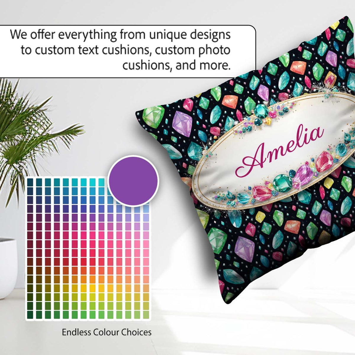 Custom Name Bright Faceted Gemstone Seamless Pattern Dark Jewel Square Filled Cushion Throw Pillow Sofa Bed Home Decor Zip Washable UK Made