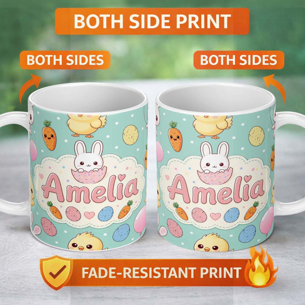 Personalized Custom Name Cute Easter Bunny Chick Carrot Egg Mint Polka Dot Seamless Pattern 11oz Ceramic Coffee Tea Mug White Large Handle