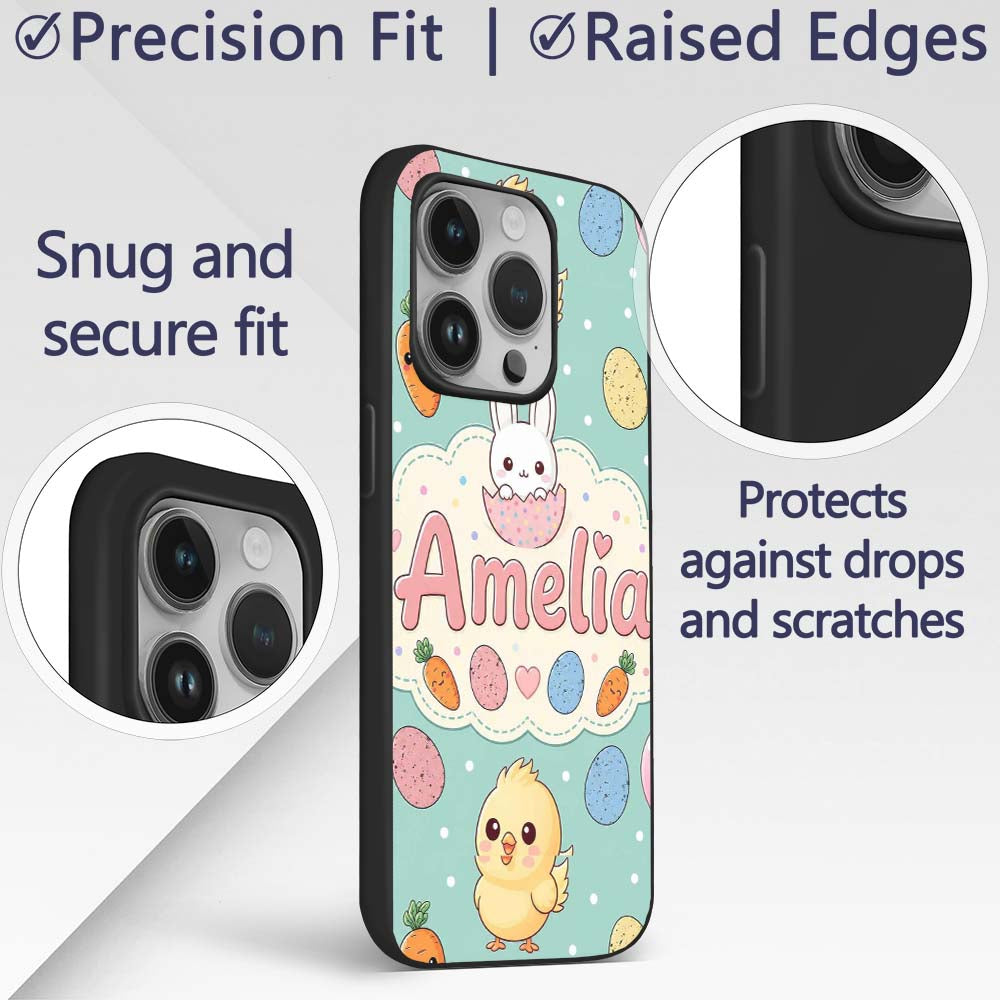 Cute Easter Bunny Chick Carrot Egg Mint Polka Dot Custom Name Protective Phone Case Mobile Cover Durable Everyday Smartphone Shock Resistant