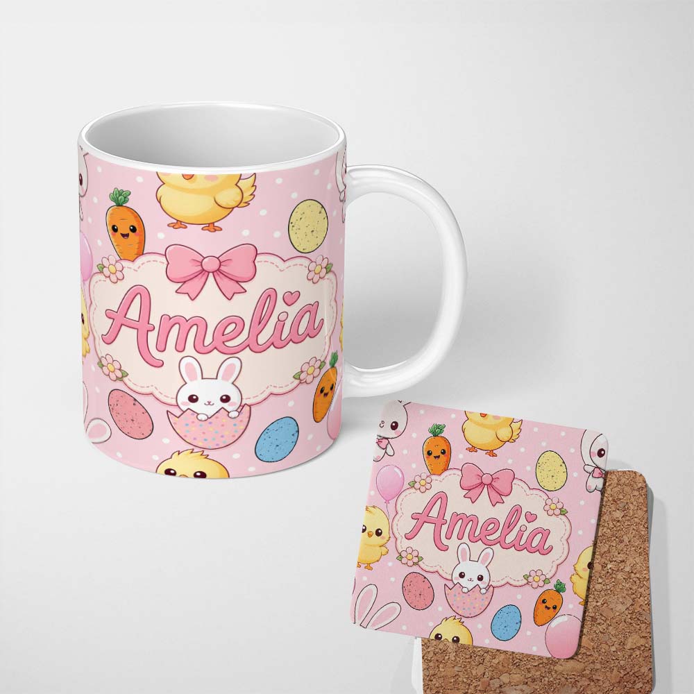 Personalized Custom Name Cute Easter Bunny Chick Carrot Egg Blush Polka Dot Seamless Pattern 11oz Ceramic Coffee Tea Mug White Large Handle