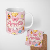 Personalized Custom Name Cute Easter Bunny Chick Carrot Egg Blush Polka Dot Seamless Pattern 11oz Ceramic Coffee Tea Mug White Large Handle