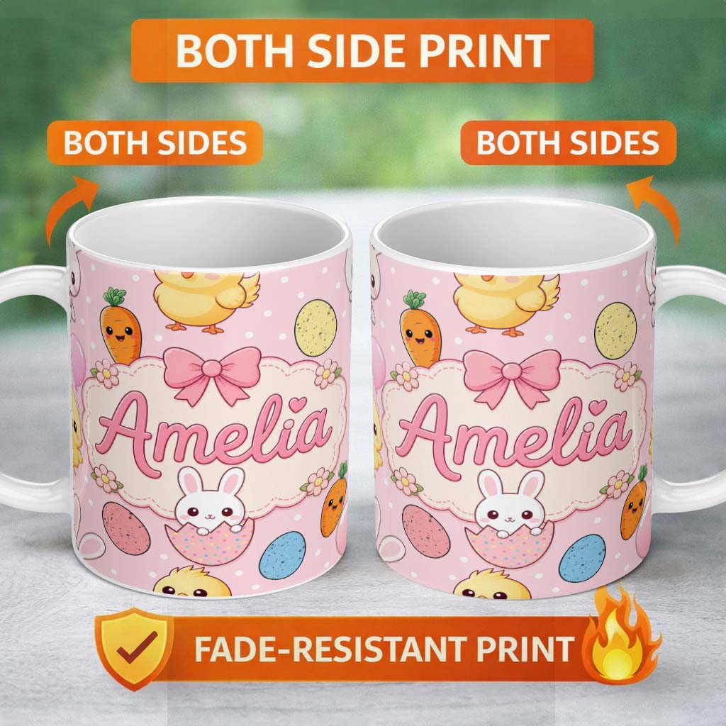 Personalized Custom Name Cute Easter Bunny Chick Carrot Egg Blush Polka Dot Seamless Pattern 11oz Ceramic Coffee Tea Mug White Large Handle