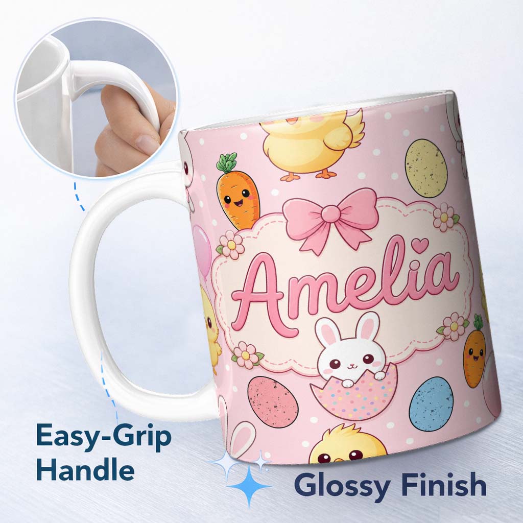 Personalized Custom Name Cute Easter Bunny Chick Carrot Egg Blush Polka Dot Seamless Pattern 11oz Ceramic Coffee Tea Mug White Large Handle