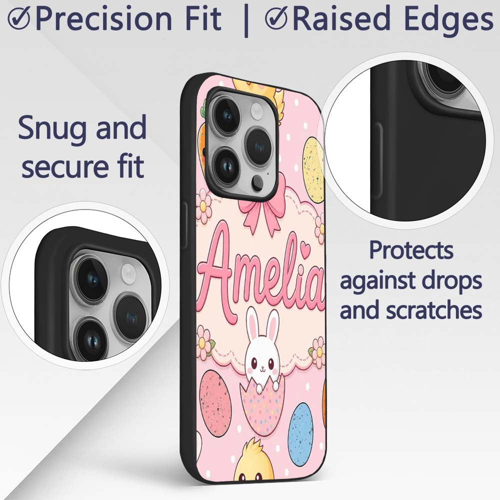 Cute Easter Bunny Chick Carrot Egg Blush Polka Custom Name Protective Phone Case Mobile Cover Durable Everyday Smartphone Shock Resistant