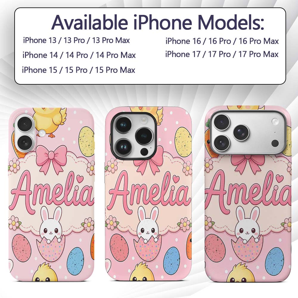 Cute Easter Bunny Chick Carrot Egg Blush Polka Custom Name Protective Phone Case Mobile Cover Durable Everyday Smartphone Shock Resistant