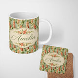 Personalized Custom Name Soft Mint Green Floral Stripe Pattern with Peach and Cream Blossoms 11oz Ceramic Coffee Tea Mug White Large Handle