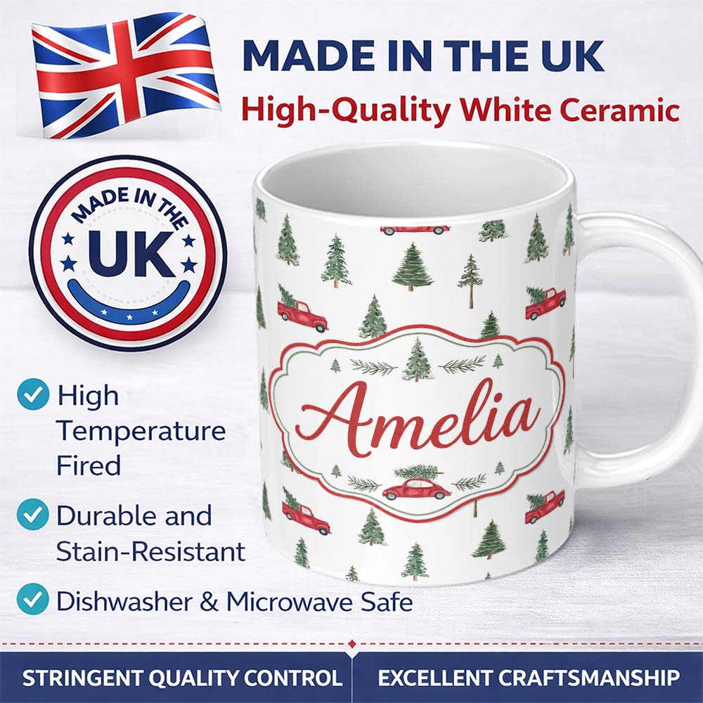 Personalized Custom Name Watercolor Christmas Trees Red Truck Winter Forest Seamless Pattern 11oz Ceramic Coffee Tea Mug White Large Handle