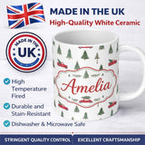 Personalized Custom Name Watercolor Christmas Trees Red Truck Winter Forest Seamless Pattern 11oz Ceramic Coffee Tea Mug White Large Handle