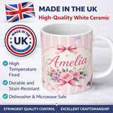 Personalized Custom Name Elegant Watercolor Rose Bouquet Ribbon Butterfly Blush Stripe Lovely 11oz Ceramic Coffee Tea Mug White Large Handle