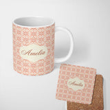 Personalized Custom Name Peach Floral Geometric Tile Seamless Pattern Stylish Everyday Mug 11oz Ceramic Coffee Tea Mug White Large Handle