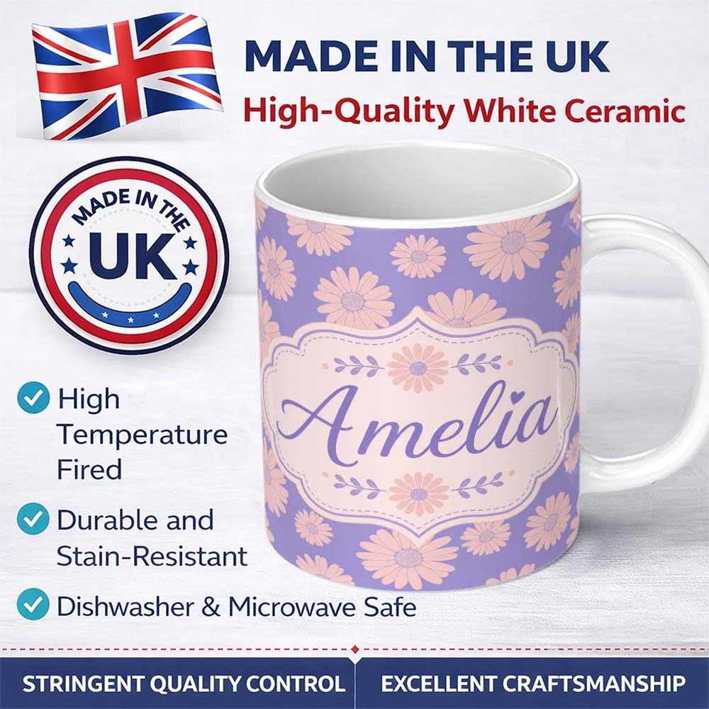 Personalized Custom Name Peach Daisy Floral Pattern on Lavender Purple Background Seamless 11oz Ceramic Coffee Tea Mug White Large Handle