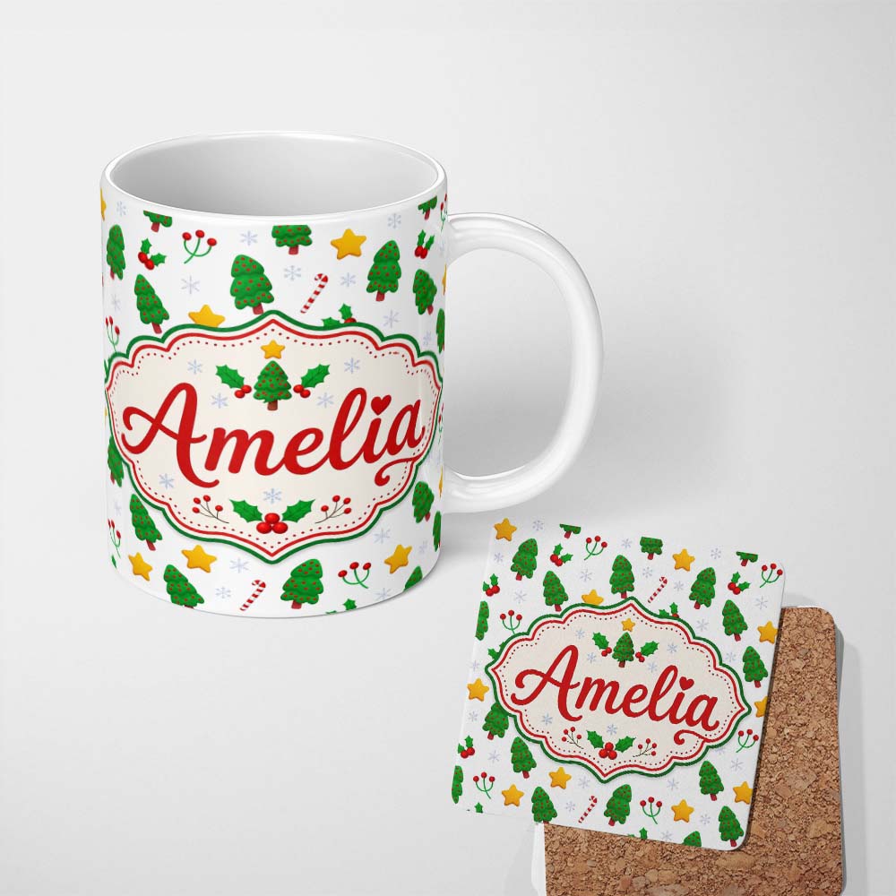Personalized Custom Name Cute Christmas Tree Candy Cane Star Holly Seamless Pattern Festive 11oz Ceramic Coffee Tea Mug White Large Handle