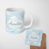 Personalized Custom Name Cute Hot Air Balloons with Clouds Pastel Sky Background Seamless 11oz Ceramic Coffee Tea Mug White Large Handle
