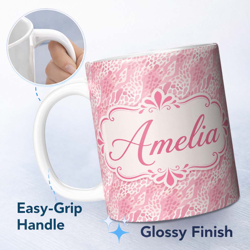 Personalized Custom Name Deep Pink and Beige Leopard Style Watercolour Seamless Pattern 11oz Ceramic Coffee Tea Mug White Large Handle