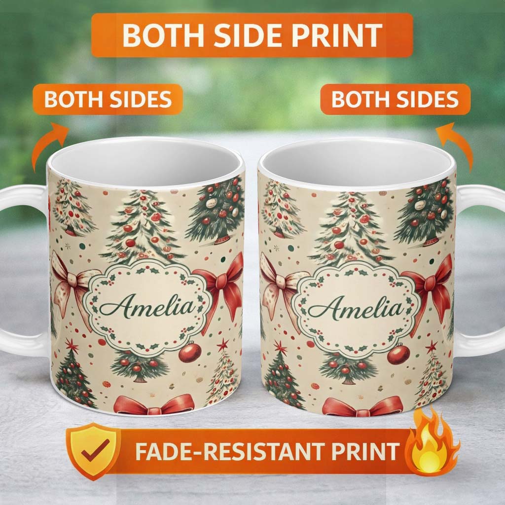 Personalized Custom Name Vintage Christmas Tree with Red Bows Ornaments and Snowflakes 11oz Ceramic Coffee Tea Mug White Large Handle