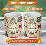 Personalized Custom Name Vintage Christmas Tree with Red Bows Ornaments and Snowflakes 11oz Ceramic Coffee Tea Mug White Large Handle