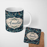 Personalized Custom Name Japanese Landscape Scene with Figures and Trees Seamless Pattern 11oz Ceramic Coffee Tea Mug White Large Handle