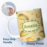 Personalized Custom Name Cute Kawaii Tacos and Wraps Seamless Pattern Yellow Background 11oz Ceramic Coffee Tea Mug White Large Handle