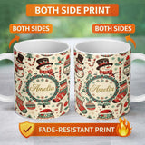 Personalized Custom Name Festive Christmas Tree Stocking Snowman Holiday Seamless Pattern 11oz Ceramic Coffee Tea Mug White Large Handle