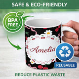 Personalized Custom Name Cute Cherry and Daisy Flowers with Pink Ribbon Bows Pattern Black 11oz Ceramic Coffee Tea Mug White Large Handle