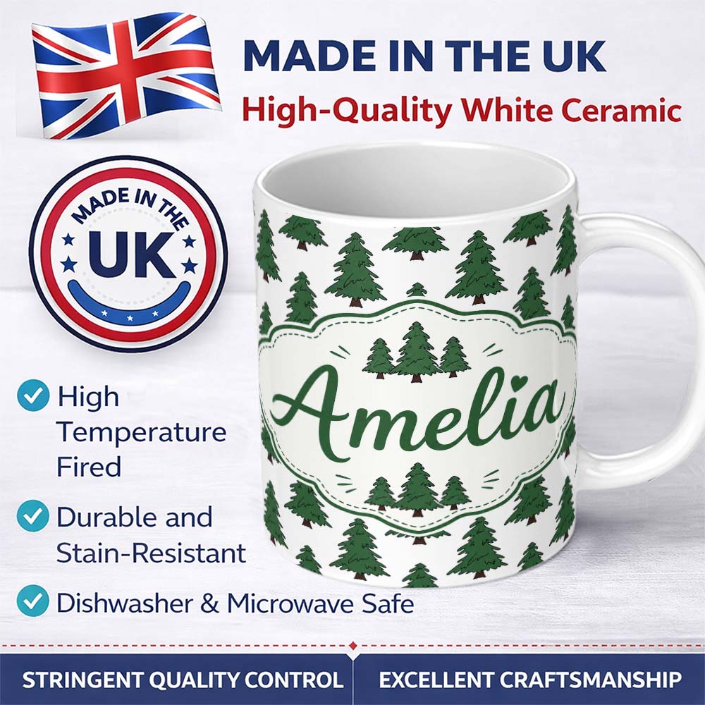 Personalized Custom Name Simple Hand Drawn Green Christmas Trees Minimal Seamless Pattern 11oz Ceramic Coffee Tea Mug White Large Handle