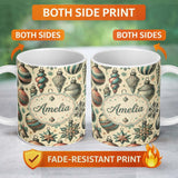 Personalized Custom Name Vintage Glass Christmas Baubles Teal Gold Seamless Pattern Lovely 11oz Ceramic Coffee Tea Mug White Large Handle