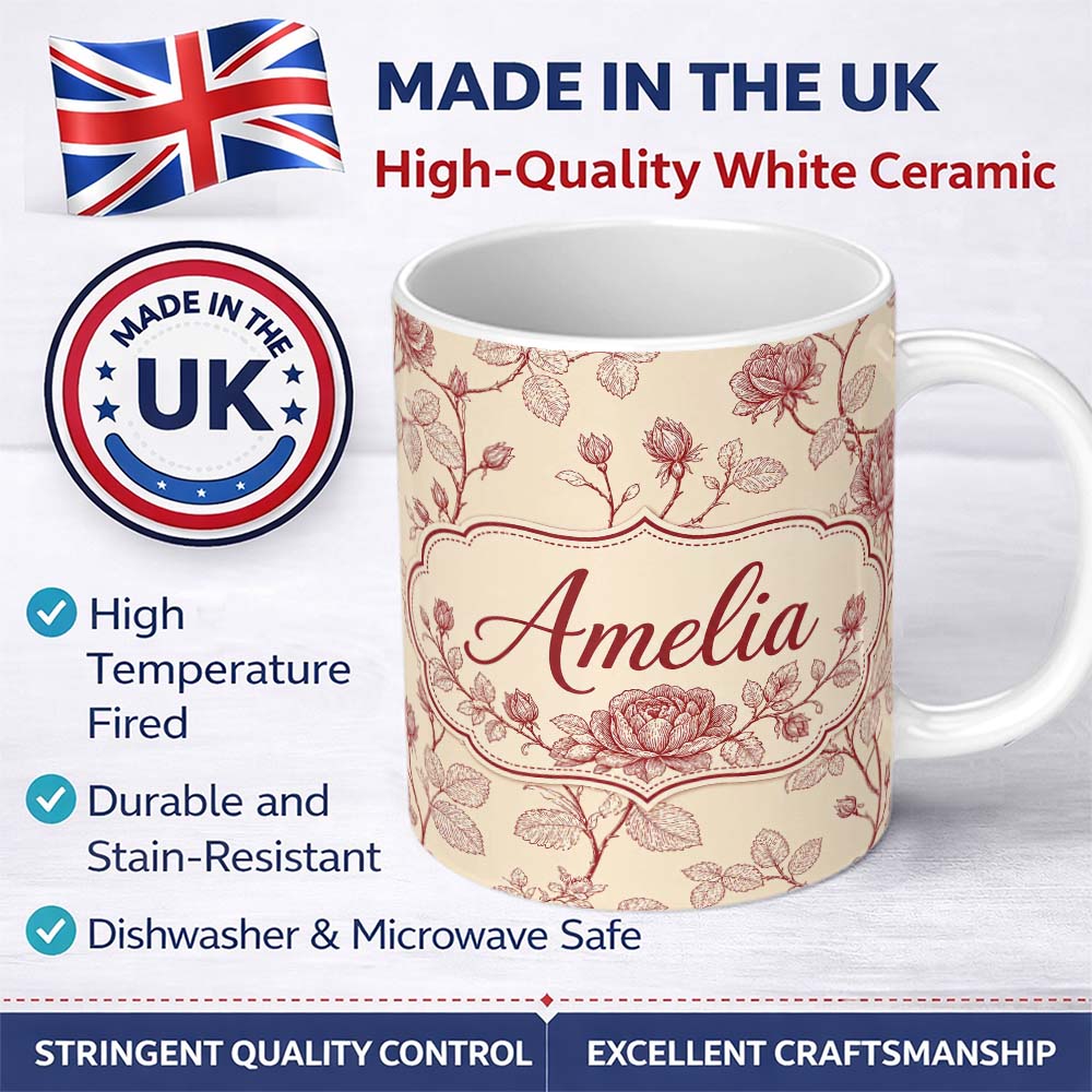 Personalized Custom Name Classic Red Line Art Rose Botanical Seamless Pattern Design Lovely 11oz Ceramic Coffee Tea Mug White Large Handle