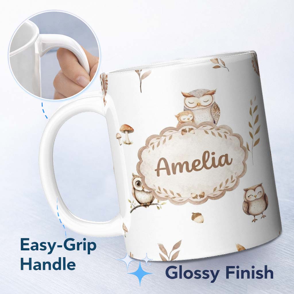 Personalized Custom Name Cute Woodland Owls with Mushrooms Leaves Light Grey Background 11oz Ceramic Coffee Tea Mug White Large Handle