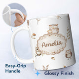 Personalized Custom Name Cute Woodland Owls with Mushrooms Leaves Light Grey Background 11oz Ceramic Coffee Tea Mug White Large Handle