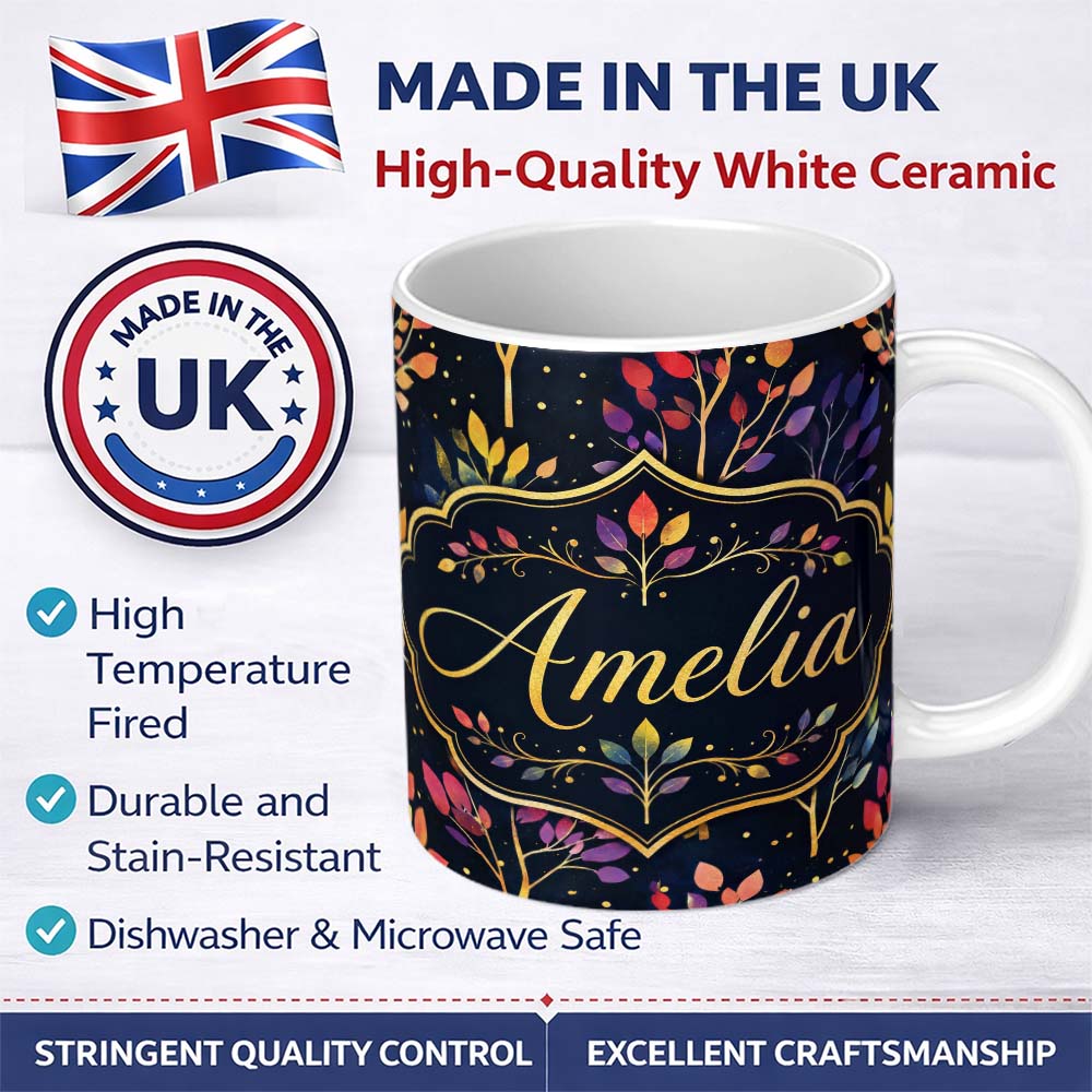 Personalized Custom Name Colorful Gradient Leaves and Branches on Dark Night Background 11oz Ceramic Coffee Tea Mug White Large Handle
