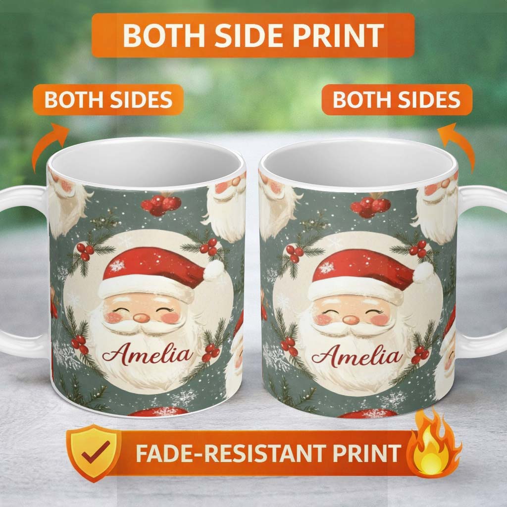 Personalized Custom Name Cute Santa Claus Face Snowflakes Festive Seamless Pattern Lovely 11oz Ceramic Coffee Tea Mug White Large Handle