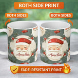 Personalized Custom Name Cute Santa Claus Face Snowflakes Festive Seamless Pattern Lovely 11oz Ceramic Coffee Tea Mug White Large Handle