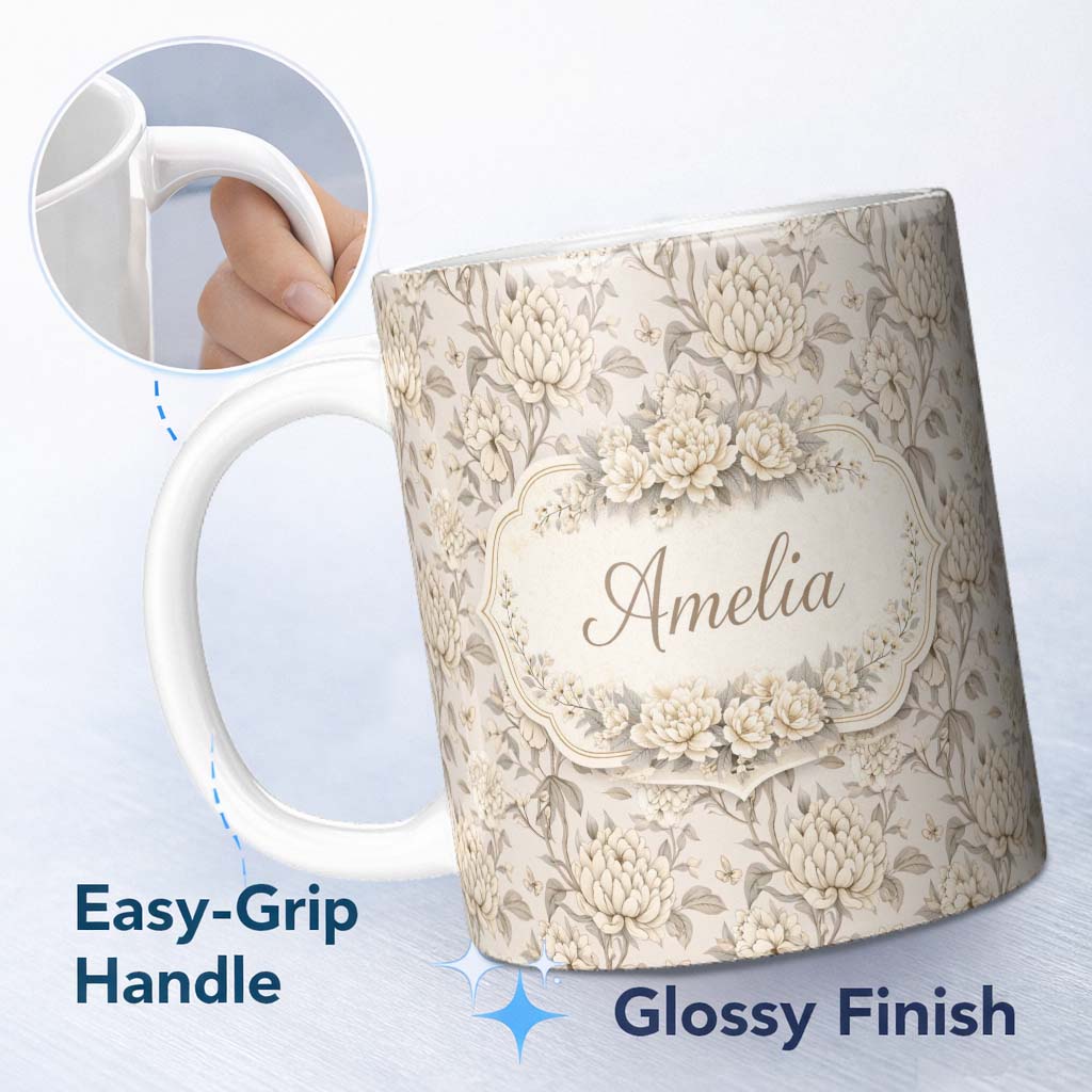 Personalized Custom Name Neutral Beige Vintage Floral Botanical Seamless Pattern Lovely 11oz Ceramic Coffee Tea Mug White Large Handle