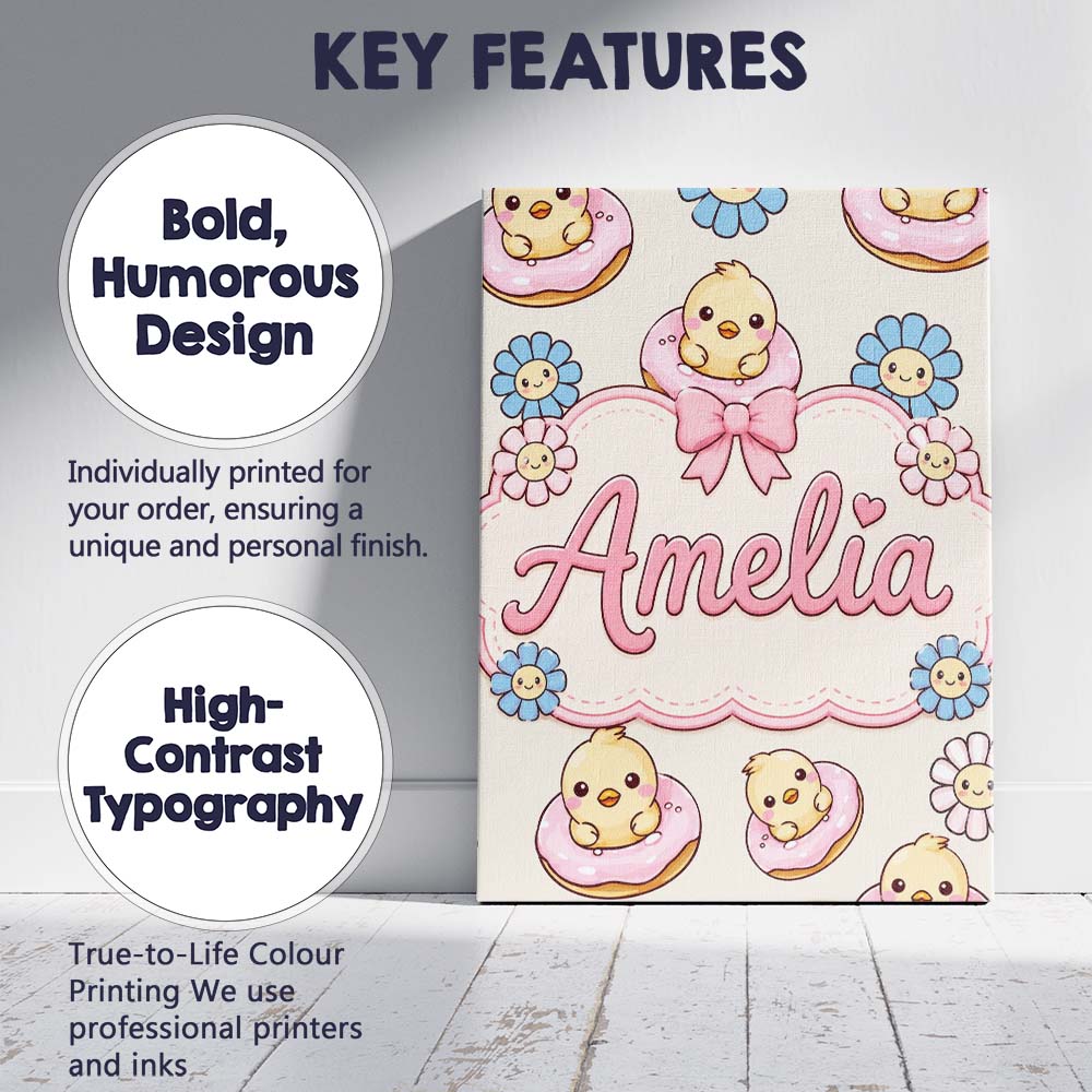 Personalised Name Cute Chick Donut Flower Custom  Unique Gift Idea Elegant Feature Canvas Wall Art Print Decor Picture Ready to Hang
