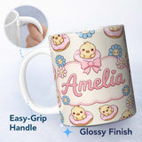 Personalized Custom Name Cute Chick Donut Flower Kawaii Seamless Pattern Name Unique Gift 11oz Ceramic Coffee Tea Mug White Large Handle