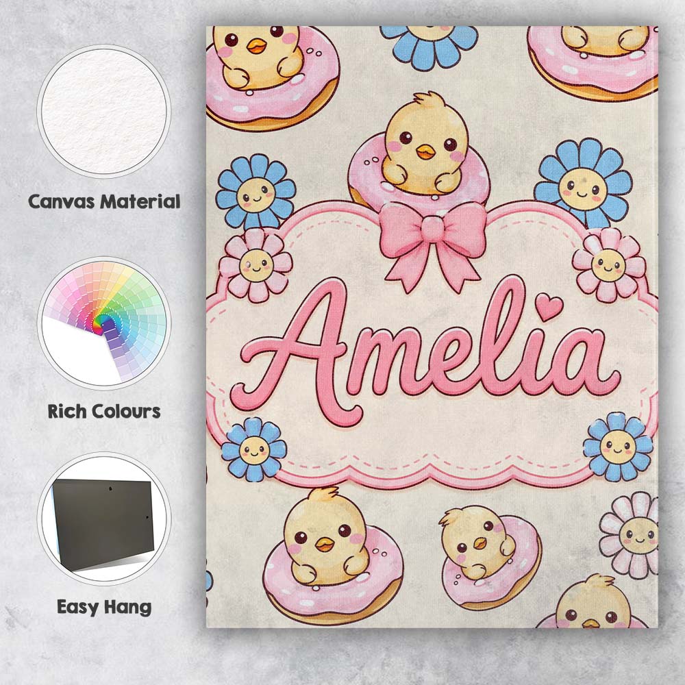 Personalised Name Cute Chick Donut Flower Custom  Unique Gift Idea Elegant Feature Canvas Wall Art Print Decor Picture Ready to Hang
